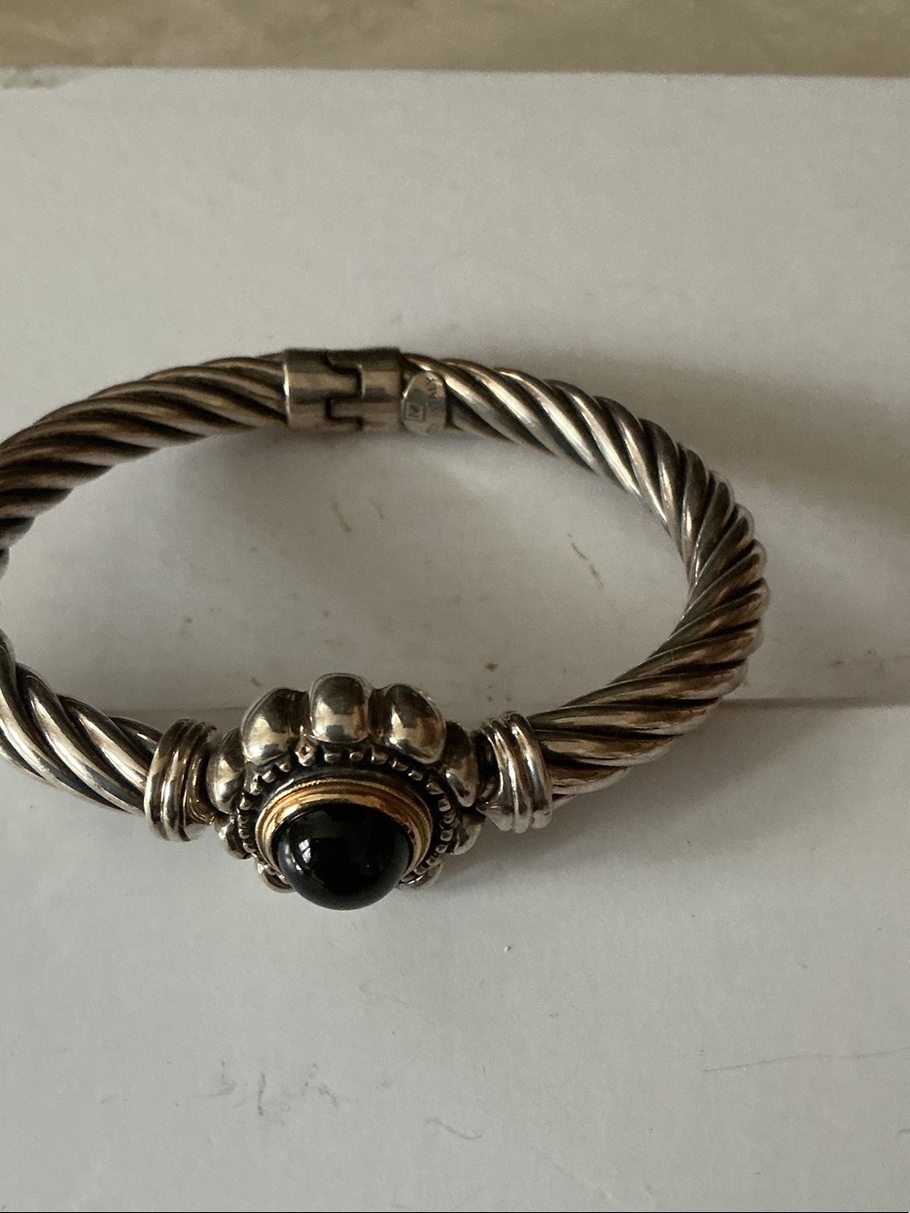 Sterling Silver Black Onyx Cable Bracelet with Gold Accents - David Yurman Style